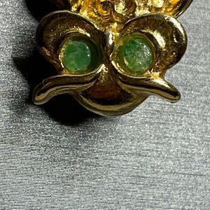 Golden Owl Brooch With Jade Eyes A Vintage Hoot 🦉Unsigned